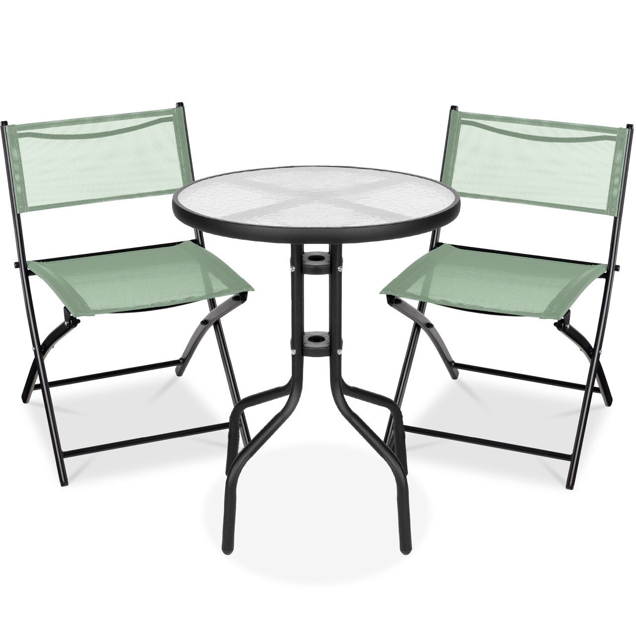 Best Choice Products 3-Piece Patio Bistro Dining Furniture Set w/ Round Textured Glass Tabletop, Folding Chairs